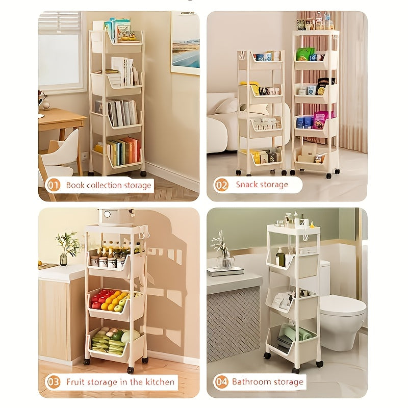 5 Layer White Storage Shelf, Wheel-Based Mobile Shelf For Optimal Storage Racks In Living Room, Bedroom, Dormitory, Office, Garage Space, Utility Shelves