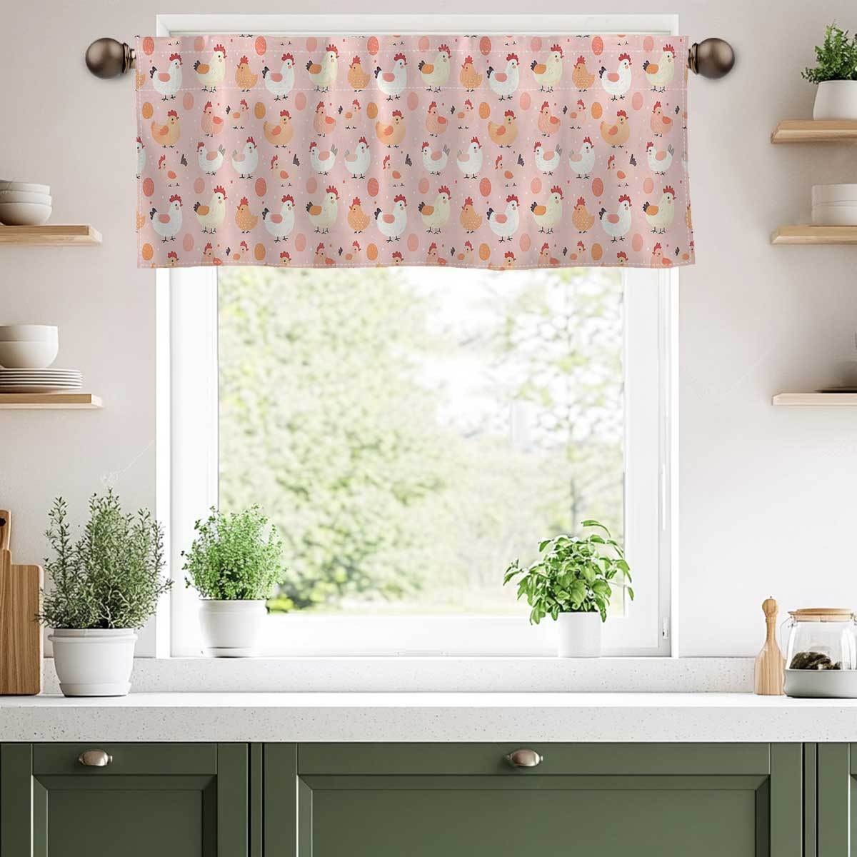 1pc Modern Polyester Rod Pocket Kitchen Curtain, Semi-Sheer Washable Short Tier Curtain with Cartoon Chicken and Egg Print, Living Room Decor, Hand Wash Only, 160-180gsm Non-woven Fabric