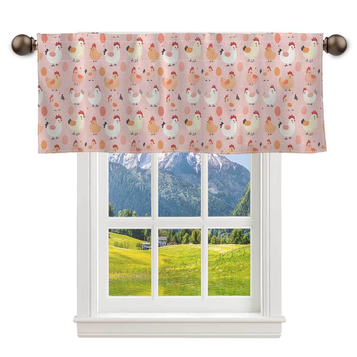 1pc Modern Polyester Rod Pocket Kitchen Curtain, Semi-Sheer Washable Short Tier Curtain with Cartoon Chicken and Egg Print, Living Room Decor, Hand Wash Only, 160-180gsm Non-woven Fabric