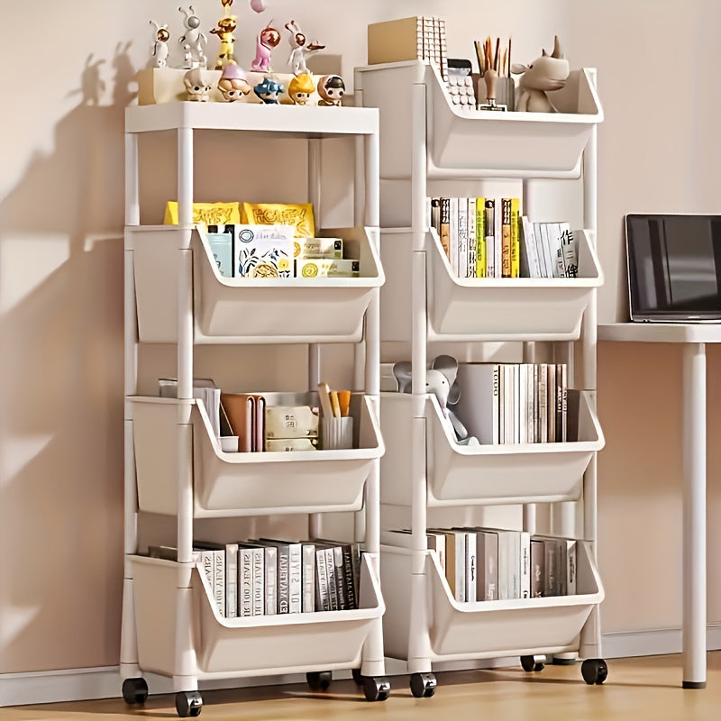 5 Layer White Storage Shelf, Wheel-Based Mobile Shelf For Optimal Storage Racks In Living Room, Bedroom, Dormitory, Office, Garage Space, Utility Shelves