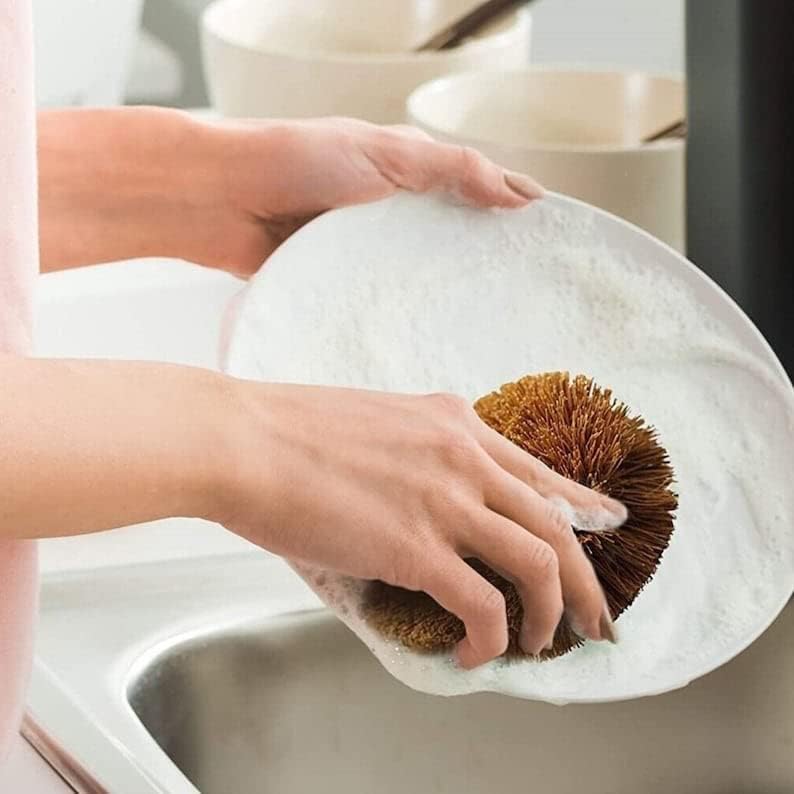 Pack of 2 Tawashi Brushes for Cleaning Fruits & Vegetables & Other Natural Coconut Fiber Scrubber, Household use with Wire Hanging Loop, Vegetable Scrub and Coconut Coir Brush, Brown
