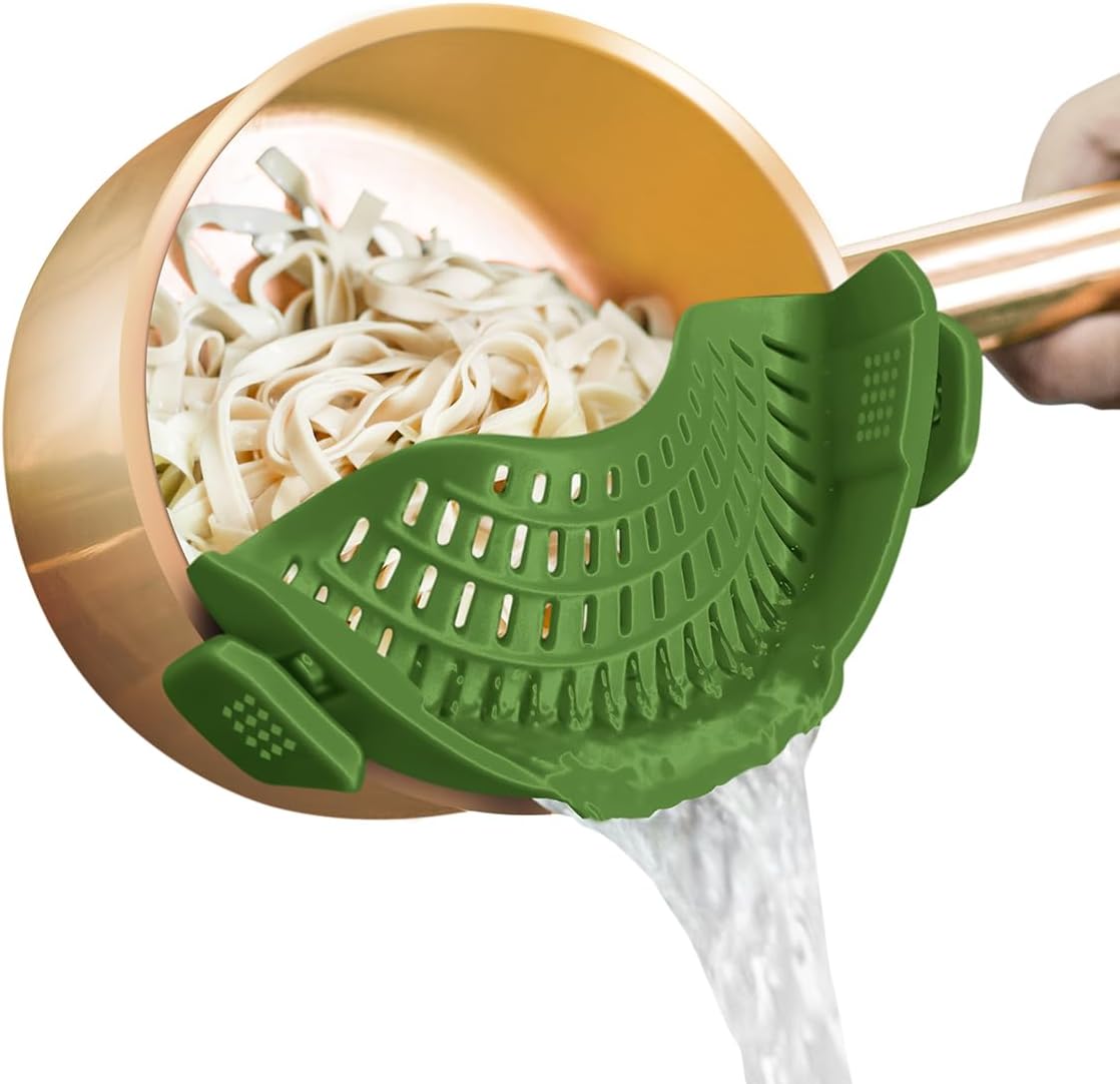 Clip On Strainer Silicone for All Pots and Pans, Pasta Strainer Clip on Food Strainer for Meat Vegetables Fruit Silicone Kitchen Colander
