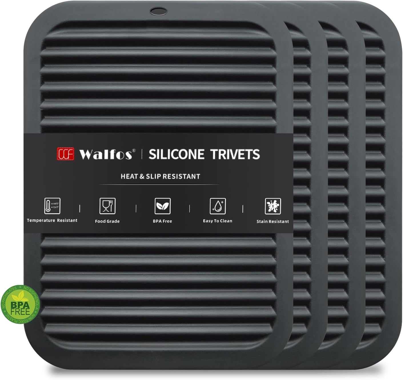 Silicone Trivet Mats - 4 Heat Resistant Pot Holders, Multipurpose Non-Slip Hot Pads for Kitchen Potholders, Hot Dishers, Jar Opener, Spoon Holder, Food Grade Silicone & BPA Free (Black)