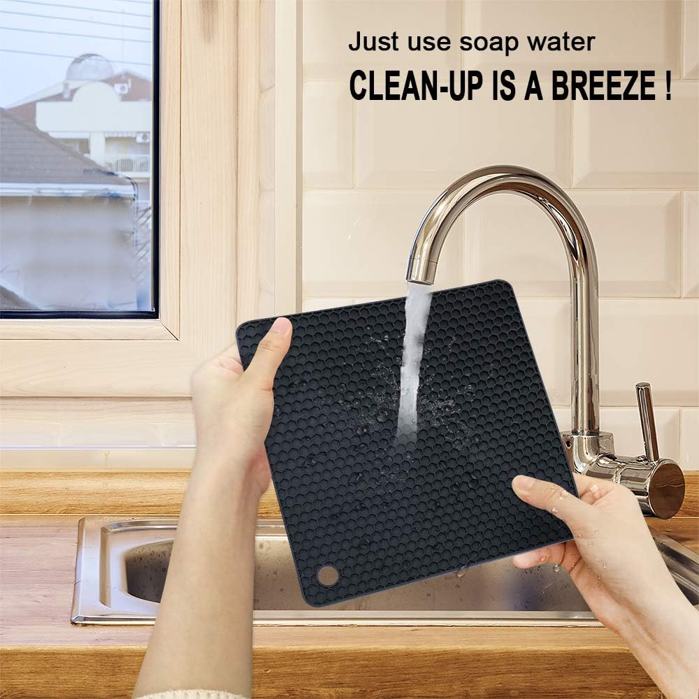 Silicone Trivet Mats - 4 Heat Resistant Pot Holders, Multipurpose Non-Slip Hot Pads for Kitchen Potholders, Hot Dishers, Jar Opener, Spoon Holder, Food Grade Silicone & BPA Free (Black)