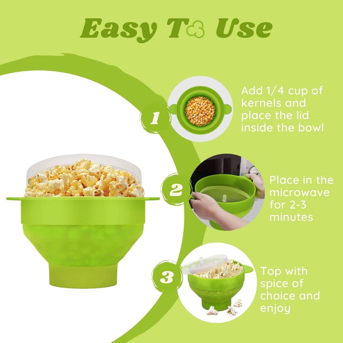 Silicone Microwave Popcorn Popper BPA Free Collapsible Popcorn Bowl Microwavable Pop Corn Maker with Lid and Handle Dishwasher Safe Silicon Bucket for Parties and Movie Nights, Green