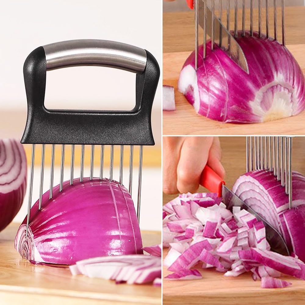 2025 New Onion Holder for Slicing, Stainless Steel Onion Slice Holder Lemon Slicer Vegetable Cutter, Kitchen Gadgets Chopper Slicing Assistant Tool for Meat, Onion, Potato, Tomato (1 Pcs)