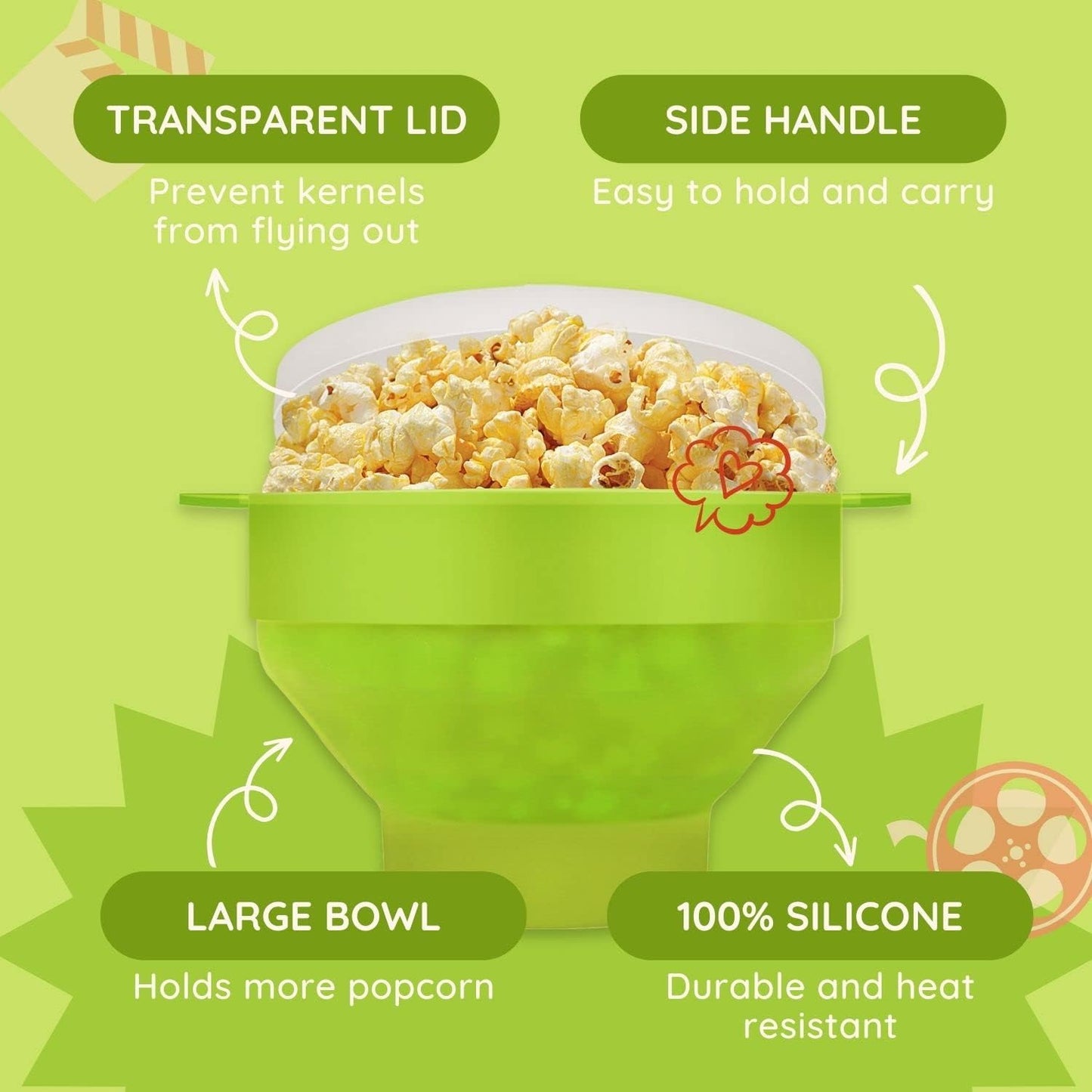 Silicone Microwave Popcorn Popper BPA Free Collapsible Popcorn Bowl Microwavable Pop Corn Maker with Lid and Handle Dishwasher Safe Silicon Bucket for Parties and Movie Nights, Green