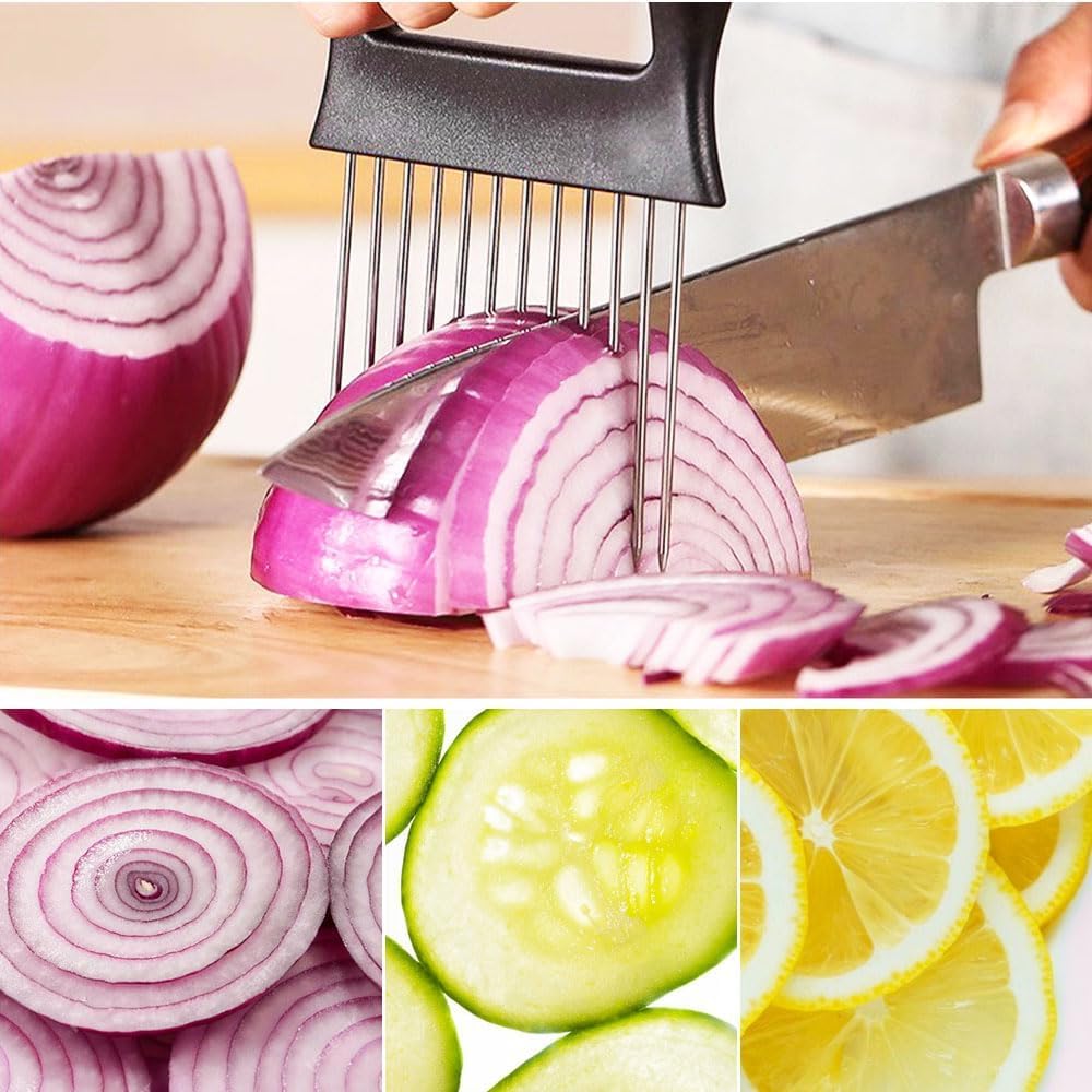 2025 New Onion Holder for Slicing, Stainless Steel Onion Slice Holder Lemon Slicer Vegetable Cutter, Kitchen Gadgets Chopper Slicing Assistant Tool for Meat, Onion, Potato, Tomato (1 Pcs)