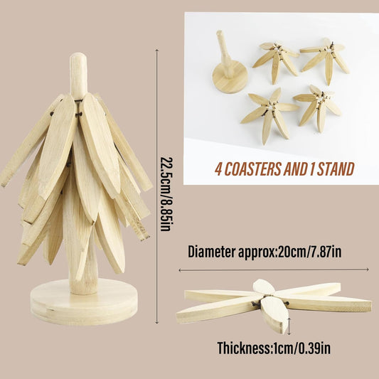 Wooden Trivets for Hot Dishes, Wood Trivet Tree Shape, Collapsible Cup Coaster Set - 4 Wooden Trivets + 1 Stand stored for Hot Dish/Pot/Bowl/Teapot/Hot Pot Set (Beech Wood)