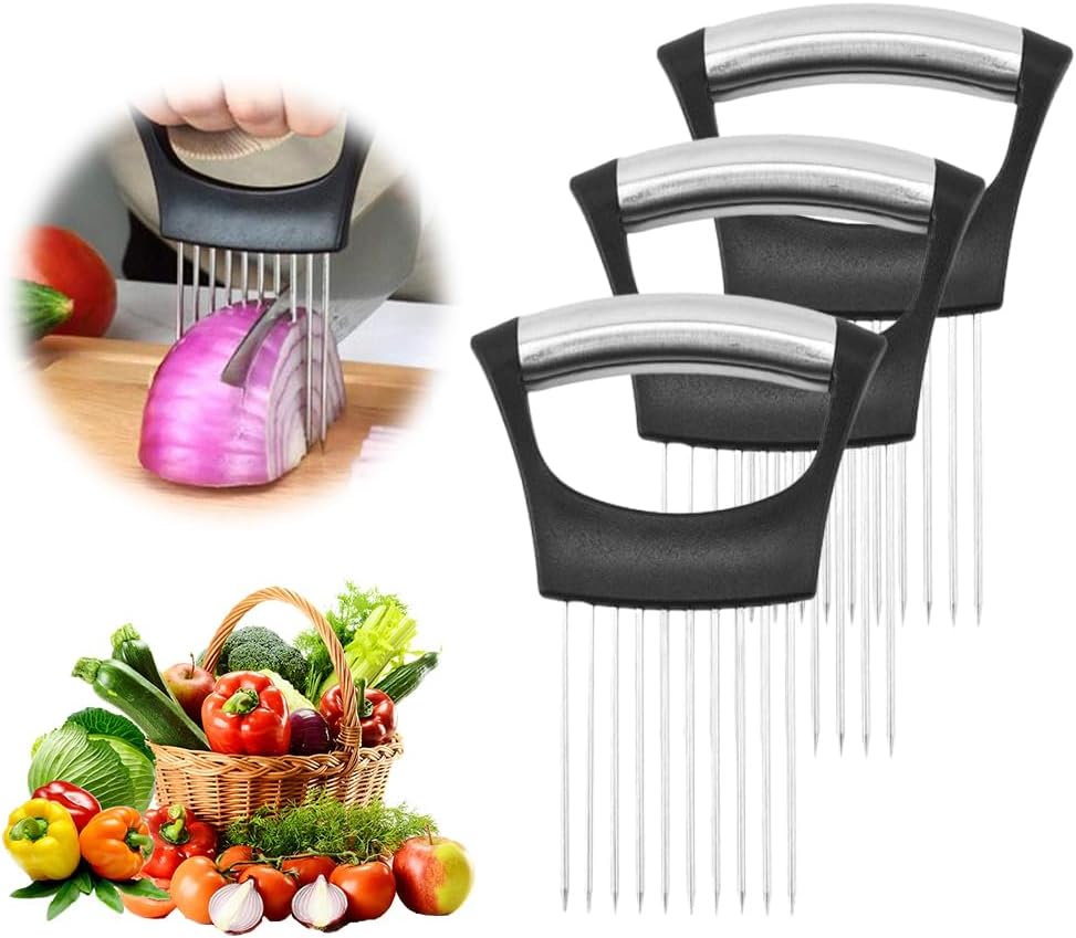 2025 New Onion Holder for Slicing, Stainless Steel Onion Slice Holder Lemon Slicer Vegetable Cutter, Kitchen Gadgets Chopper Slicing Assistant Tool for Meat, Onion, Potato, Tomato (1 Pcs)