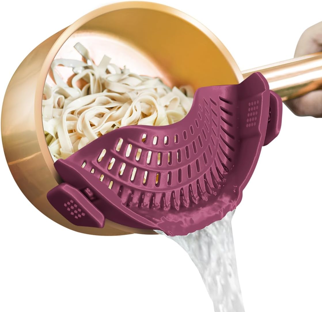 Clip On Strainer Silicone for All Pots and Pans, Pasta Strainer Clip on Food Strainer for Meat Vegetables Fruit Silicone Kitchen Colander