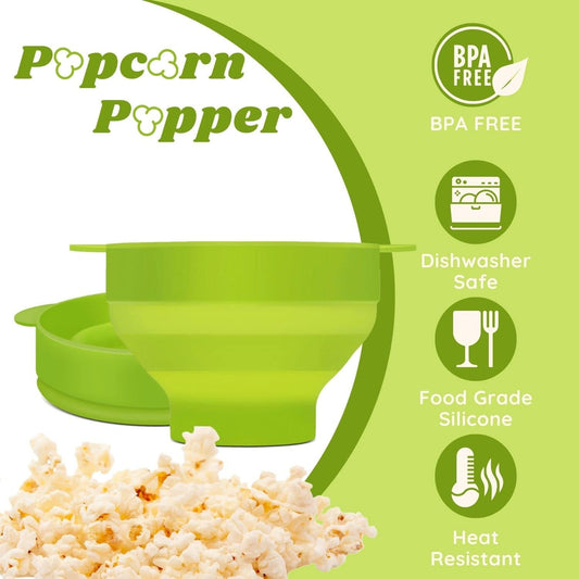 Silicone Microwave Popcorn Popper BPA Free Collapsible Popcorn Bowl Microwavable Pop Corn Maker with Lid and Handle Dishwasher Safe Silicon Bucket for Parties and Movie Nights, Green
