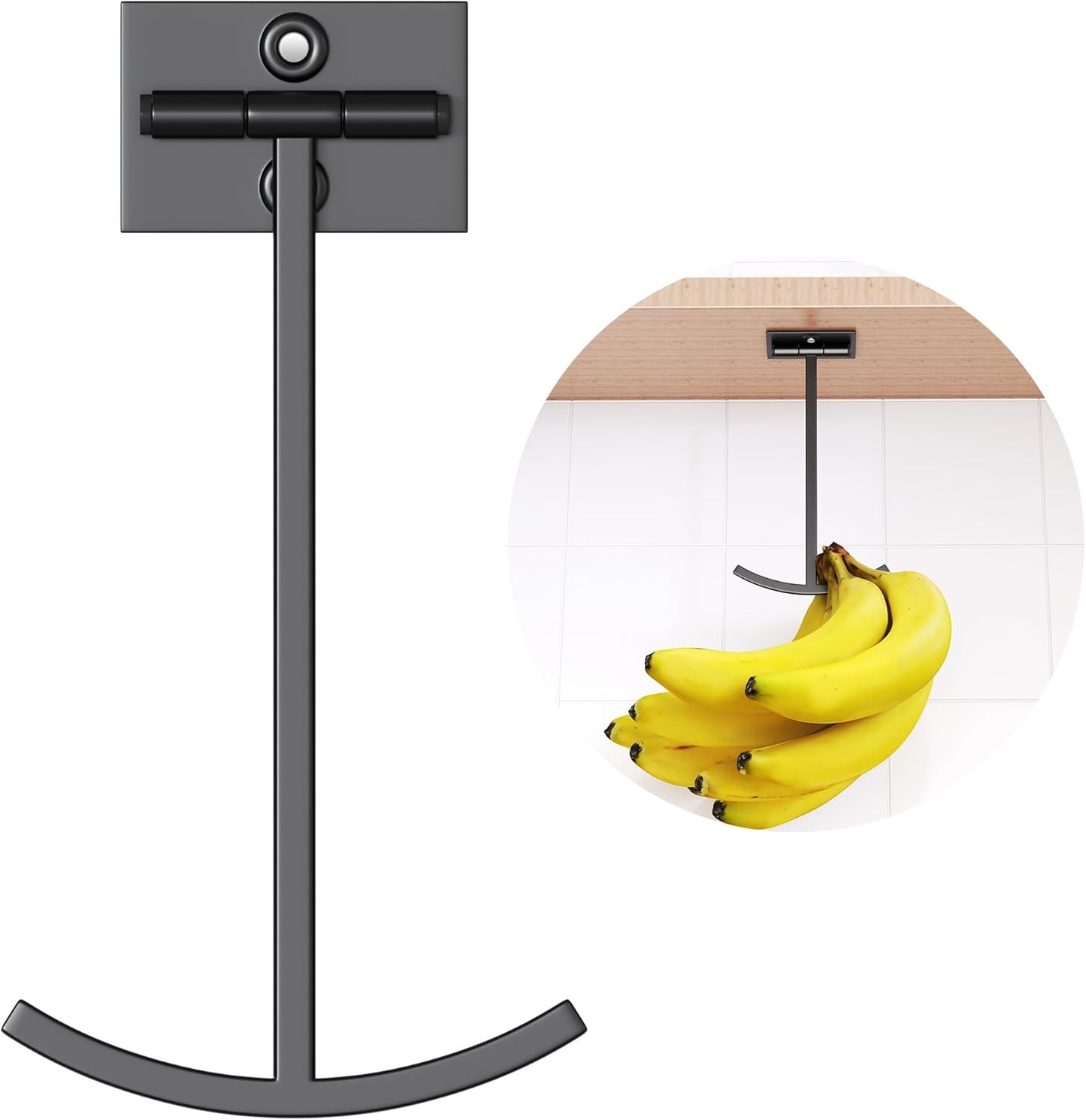 Banana Hook Under Cabinet - Adhesive Banana Hanger Under Counter, Metal Banana Holder Stand for Hanging Bananas or Kitchen Utensil, Keeps Bananas Fresh, Black, 1 Pack