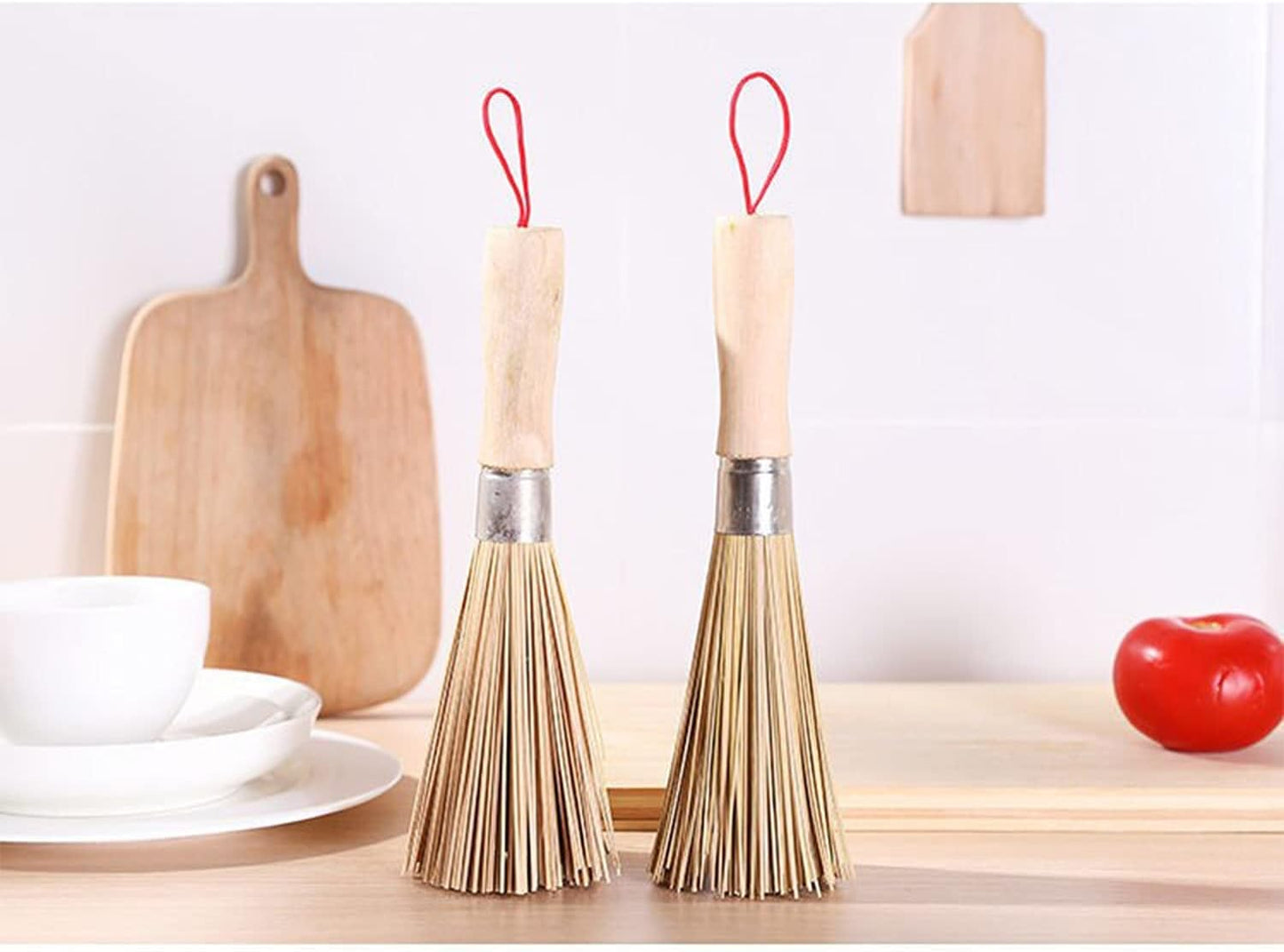 2Pack Traditional Natural Bamboo Wok Brushes, Kitchen Cleaning Brush, Bamboo Kitchen pan Brush, for Cleaning Dishes, Cast Iron Pots, Pans, Vegetables and Sink。