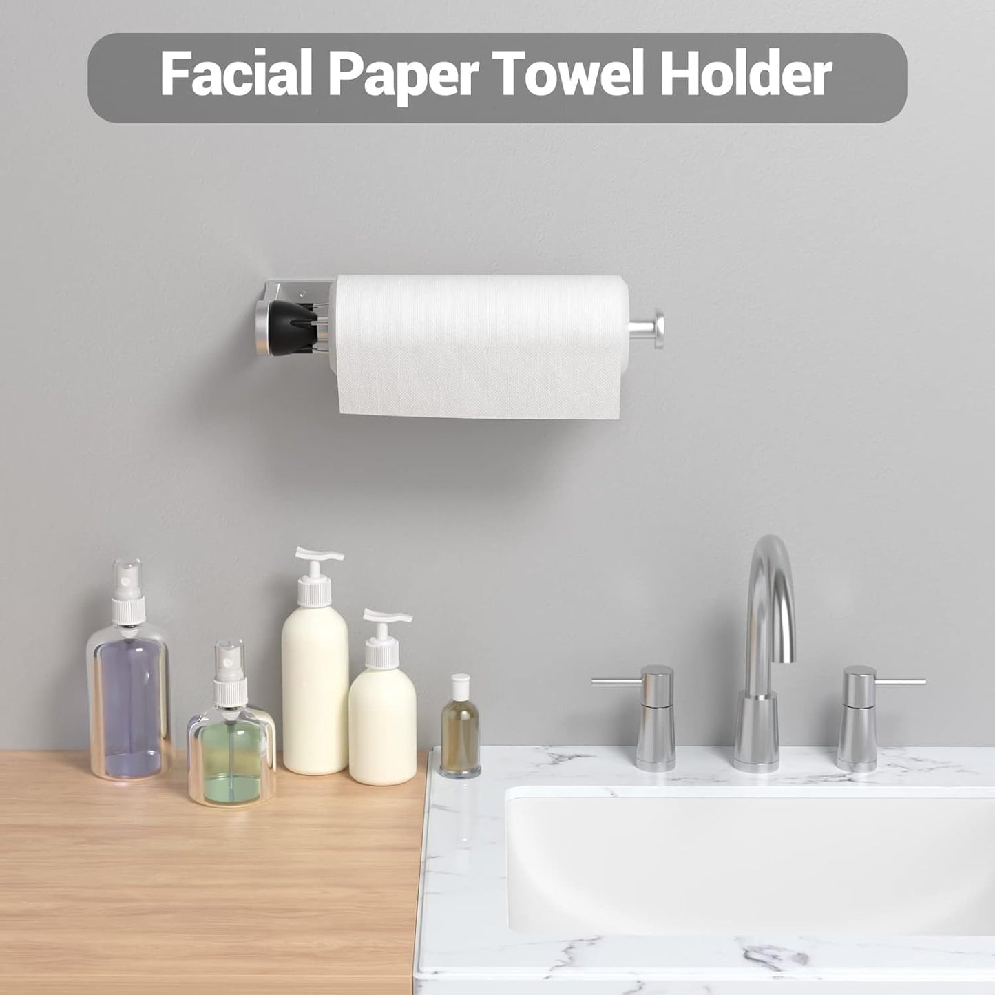 Paper Towel Holder Under Cabinet, Single Hand Operable Wall Mount with Damping Effect, Self-Adhesive or Drilled for Kitchen Bathroom, Black