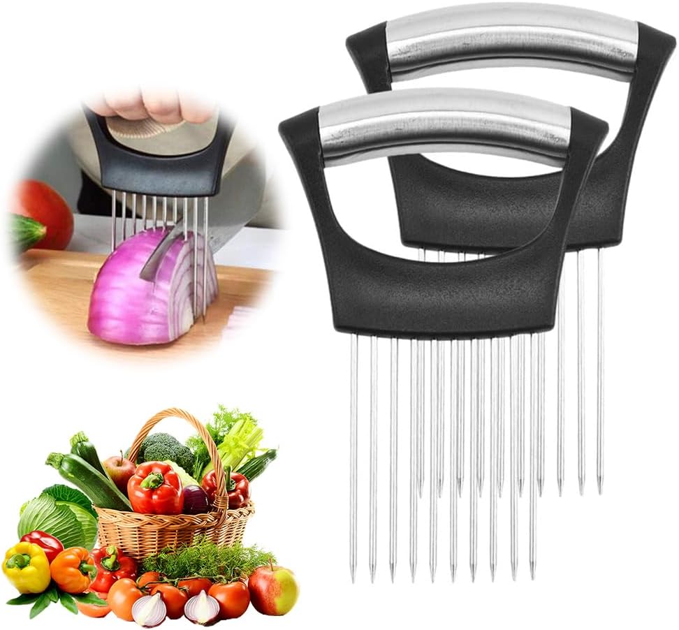 2025 New Onion Holder for Slicing, Stainless Steel Onion Slice Holder Lemon Slicer Vegetable Cutter, Kitchen Gadgets Chopper Slicing Assistant Tool for Meat, Onion, Potato, Tomato (1 Pcs)