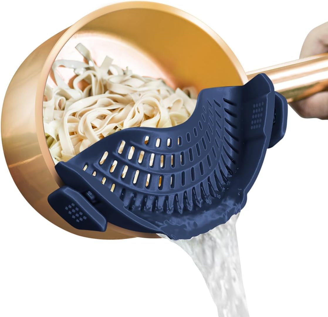 Clip On Strainer Silicone for All Pots and Pans, Pasta Strainer Clip on Food Strainer for Meat Vegetables Fruit Silicone Kitchen Colander