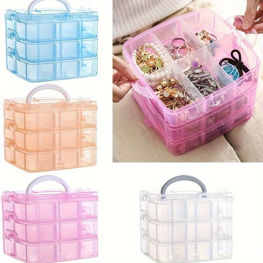 3-Layer Plastic Storage Box with 18 Compartments, Multi-Functional Jewelry Organizer, DIY Craft Embroidery Bead Holder, Portable Travel Accessory Case - Available in Clear, Pink, Blue