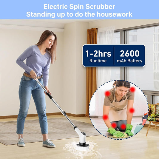 Cordless Electric Spin Scrubber, Electric Grout Cleaner with 2 Speeds, Adjustable Handle, 8 Replaceable Brush Heads, IPX7 Waterproof Electric Grout Brush for Kitchen, Bathroom, Car