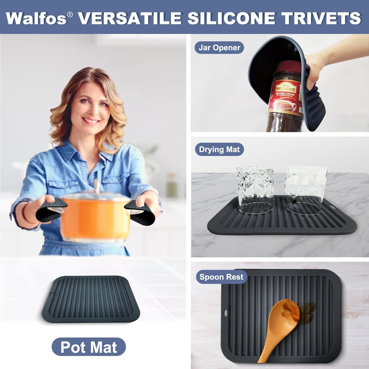 Silicone Trivet Mats - 4 Heat Resistant Pot Holders, Multipurpose Non-Slip Hot Pads for Kitchen Potholders, Hot Dishers, Jar Opener, Spoon Holder, Food Grade Silicone & BPA Free (Black)