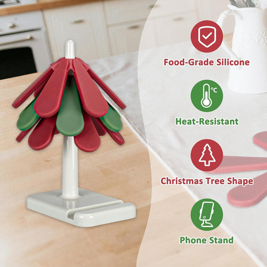 Tree Coasters, Silicone Trivets for Hot Pots and Pans, 3 Heat-Resistant Coasters with Stand, Ideal for Christmas Kitchen Decor (Square Base)