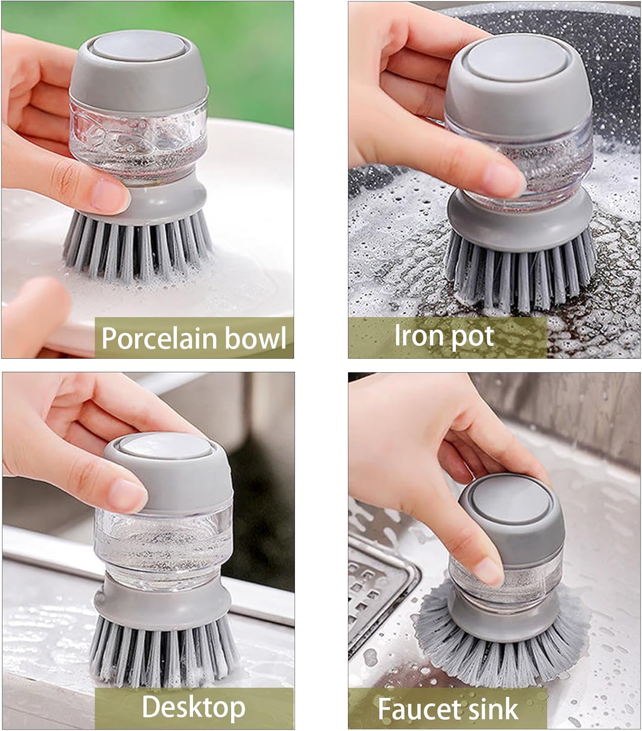 Soap Dispenser with Dish Brush and Storage Bracket, Easy to Clean Kitchen Utensils and Sink, Gray