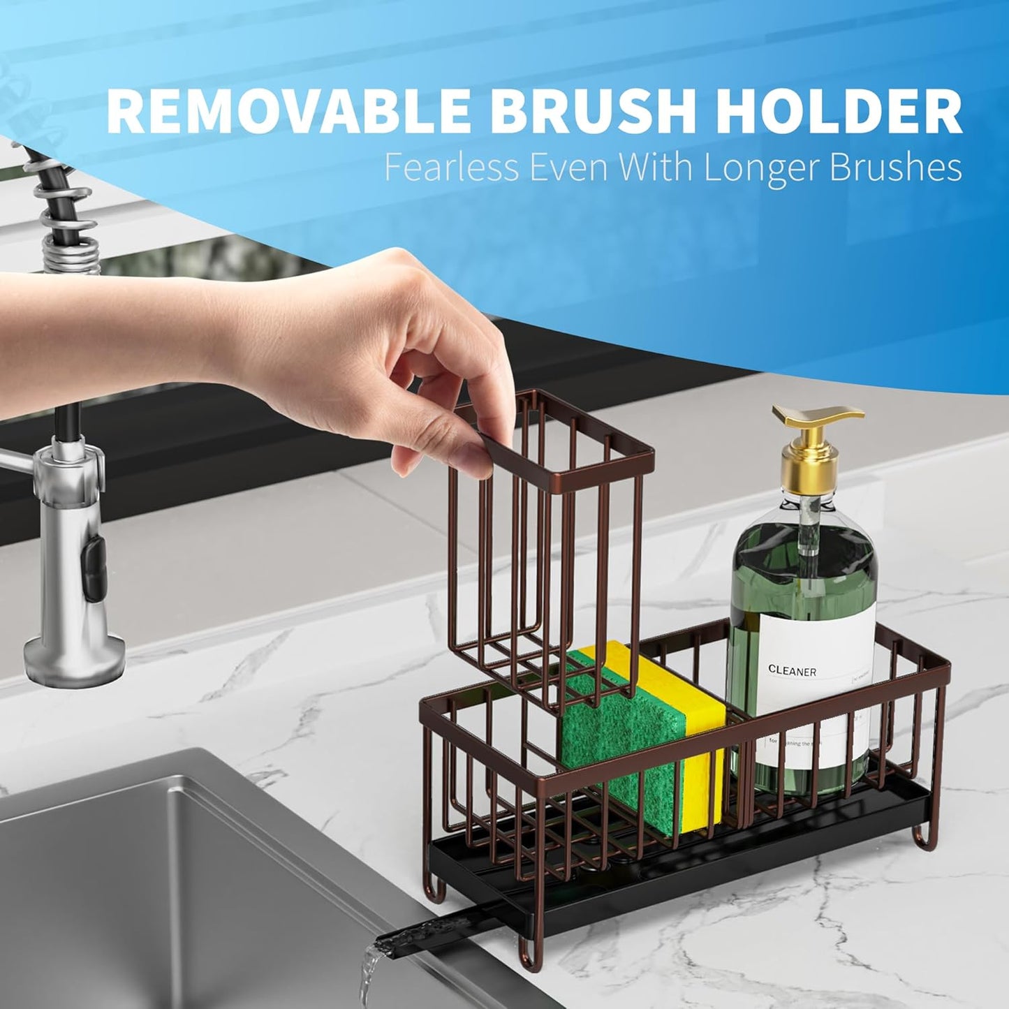 Cisily Sponge Holder for Kitchen Sink, Sink Caddy with High Brush Holder, Kitchen Sink Organizer Countertop Rustproof 304 Stainless Steel , Soap Dispenser Kitchen Organizers and Storage Essentials