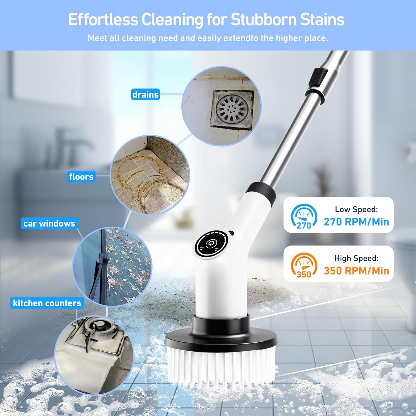 Cordless Electric Spin Scrubber, Electric Grout Cleaner with 2 Speeds, Adjustable Handle, 8 Replaceable Brush Heads, IPX7 Waterproof Electric Grout Brush for Kitchen, Bathroom, Car