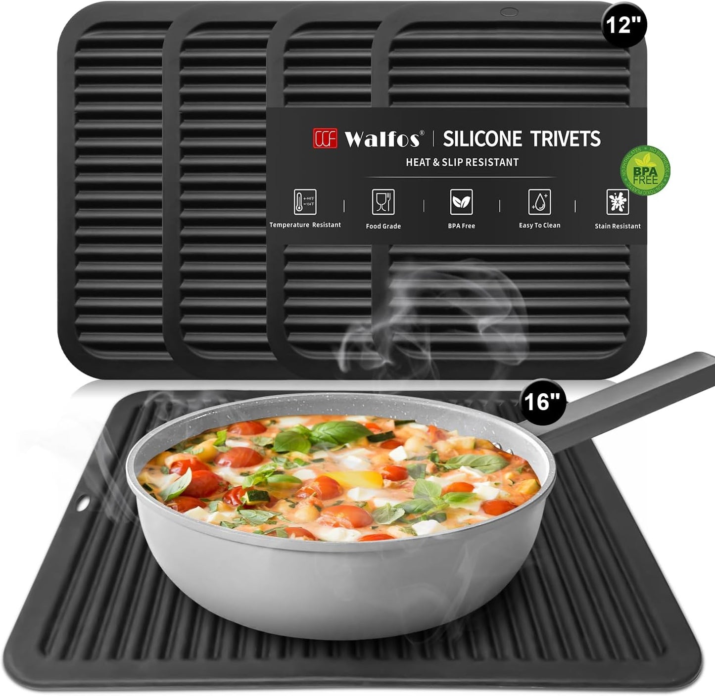 Silicone Trivet Mats - 4 Heat Resistant Pot Holders, Multipurpose Non-Slip Hot Pads for Kitchen Potholders, Hot Dishers, Jar Opener, Spoon Holder, Food Grade Silicone & BPA Free (Black)