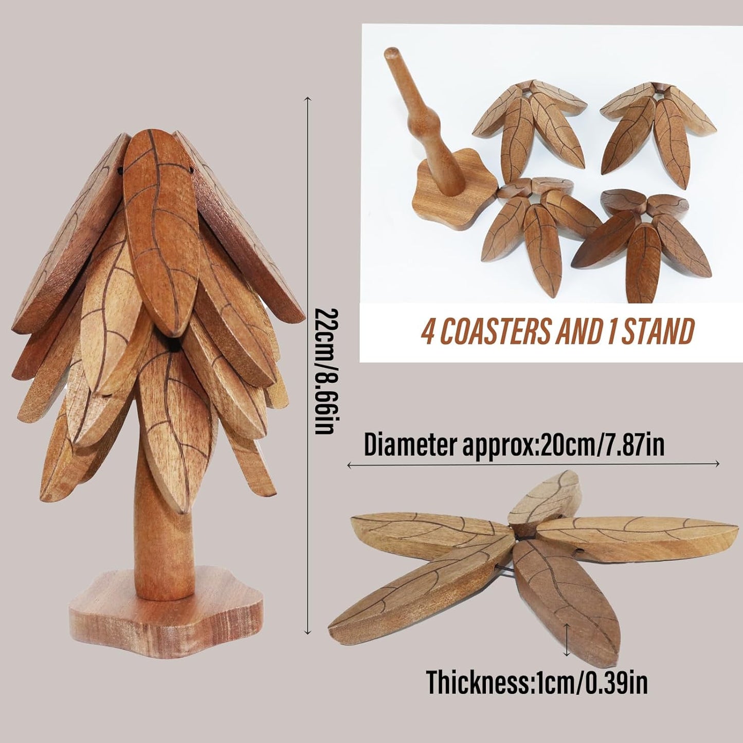 Wooden Trivets for Hot Dishes, Wood Trivet Tree Shape, Collapsible Cup Coaster Set - 4 Wooden Trivets + 1 Stand stored for Hot Dish/Pot/Bowl/Teapot/Hot Pot Set (Beech Wood)