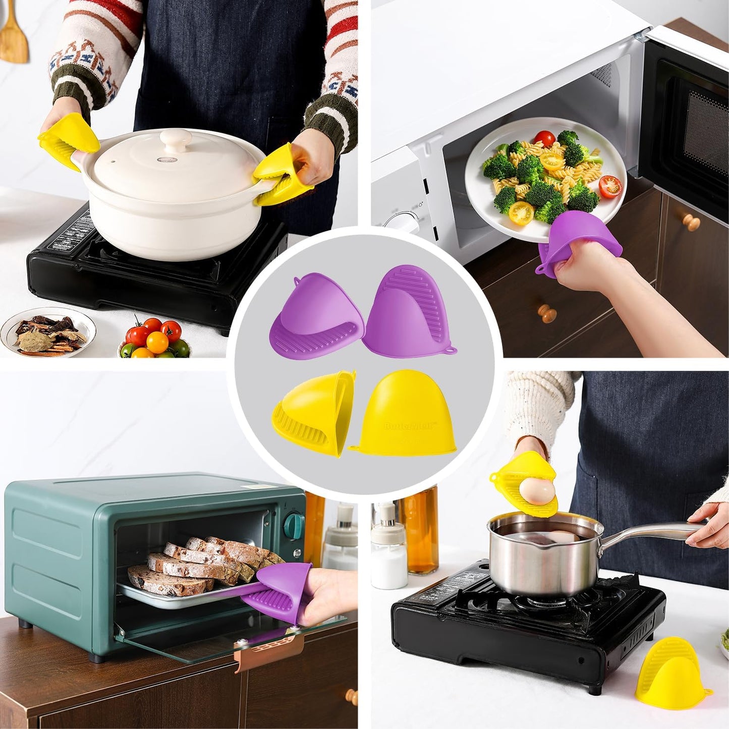4PCS Oven Mitts, Silicone Pot Holders Heat Resistant, Mini Oven Gloves for Kitchen, Thickened Silicone Hot Pads for Cooking & Baking(Black&Grey)