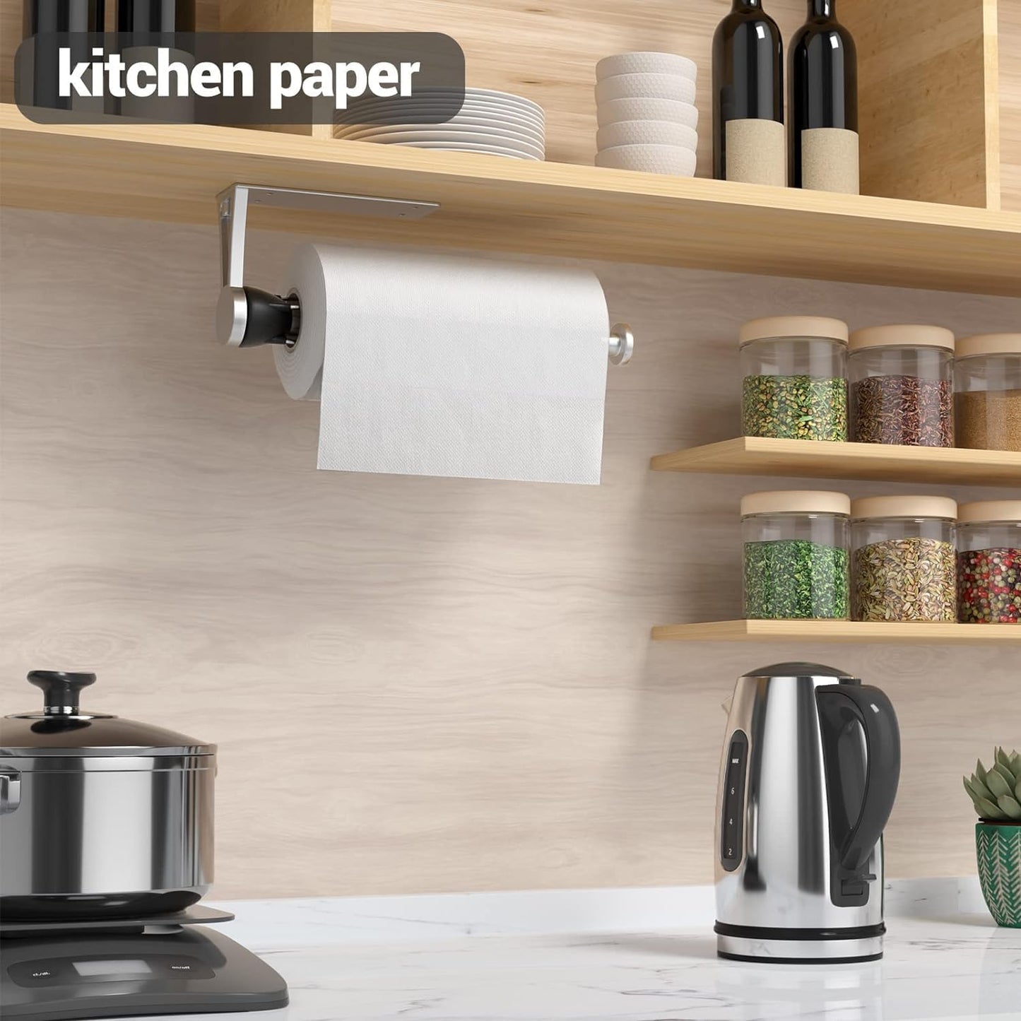 Paper Towel Holder Under Cabinet, Single Hand Operable Wall Mount with Damping Effect, Self-Adhesive or Drilled for Kitchen Bathroom, Black