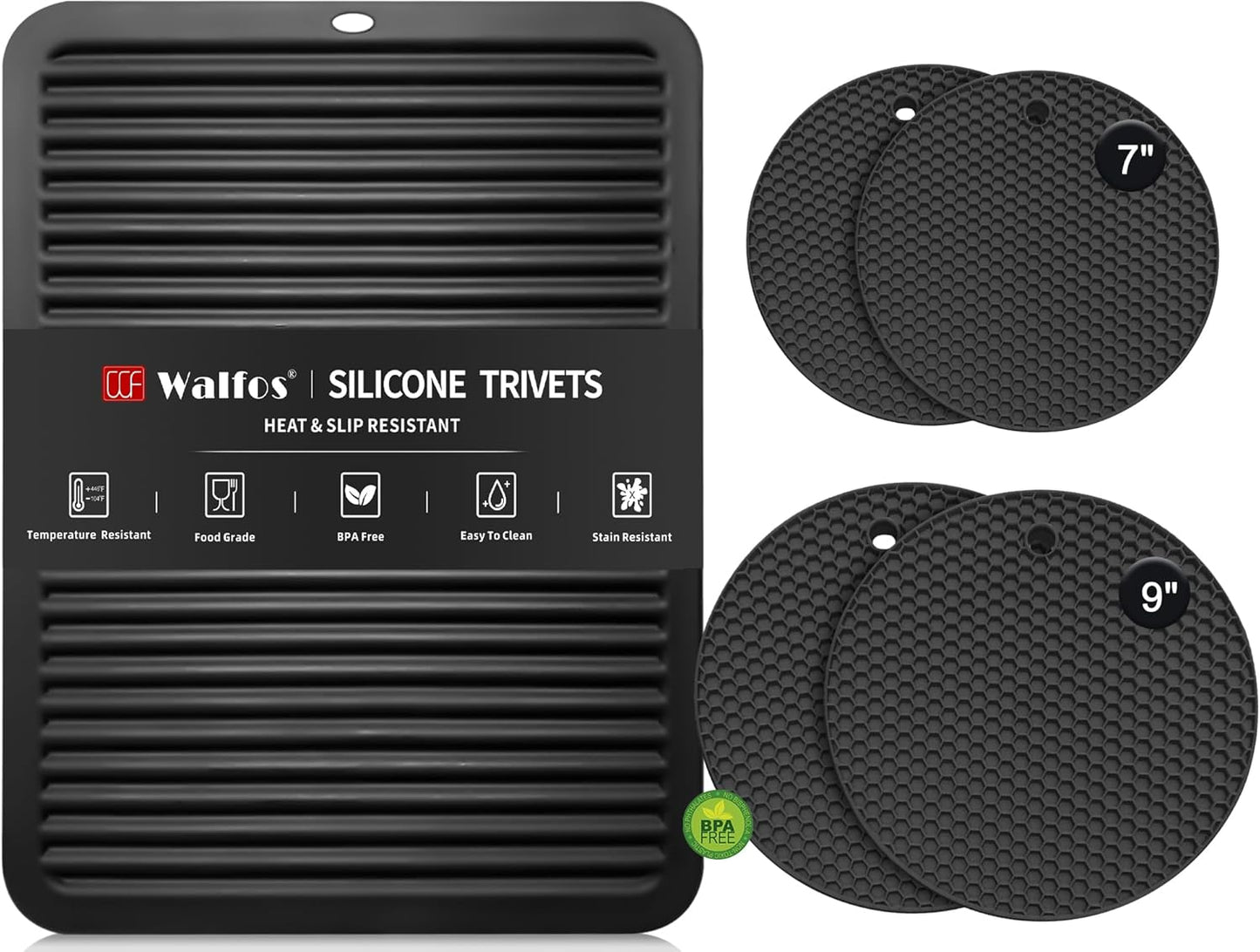 Silicone Trivet Mats - 4 Heat Resistant Pot Holders, Multipurpose Non-Slip Hot Pads for Kitchen Potholders, Hot Dishers, Jar Opener, Spoon Holder, Food Grade Silicone & BPA Free (Black)