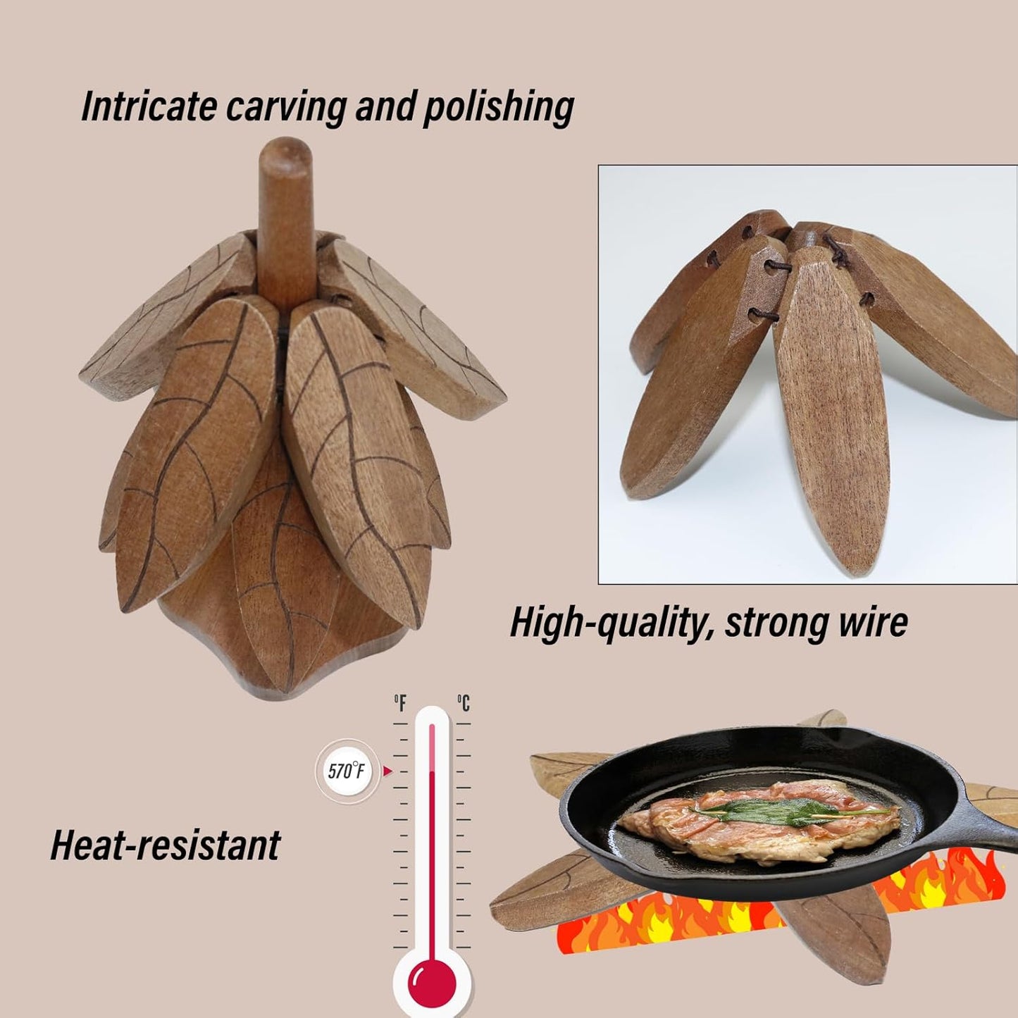 Wooden Trivets for Hot Dishes, Wood Trivet Tree Shape, Collapsible Cup Coaster Set - 4 Wooden Trivets + 1 Stand stored for Hot Dish/Pot/Bowl/Teapot/Hot Pot Set (Beech Wood)