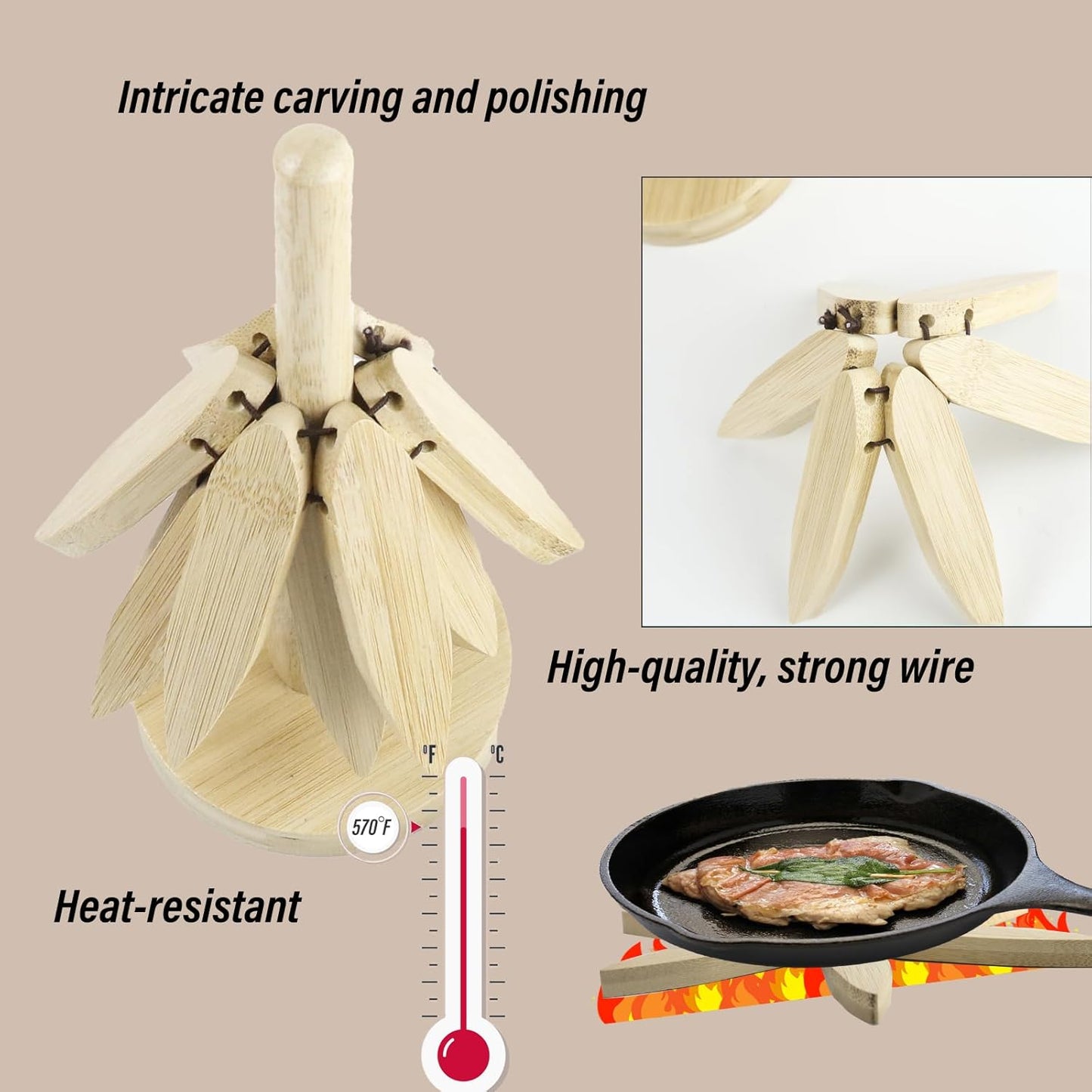 Wooden Trivets for Hot Dishes, Wood Trivet Tree Shape, Collapsible Cup Coaster Set - 4 Wooden Trivets + 1 Stand stored for Hot Dish/Pot/Bowl/Teapot/Hot Pot Set (Beech Wood)