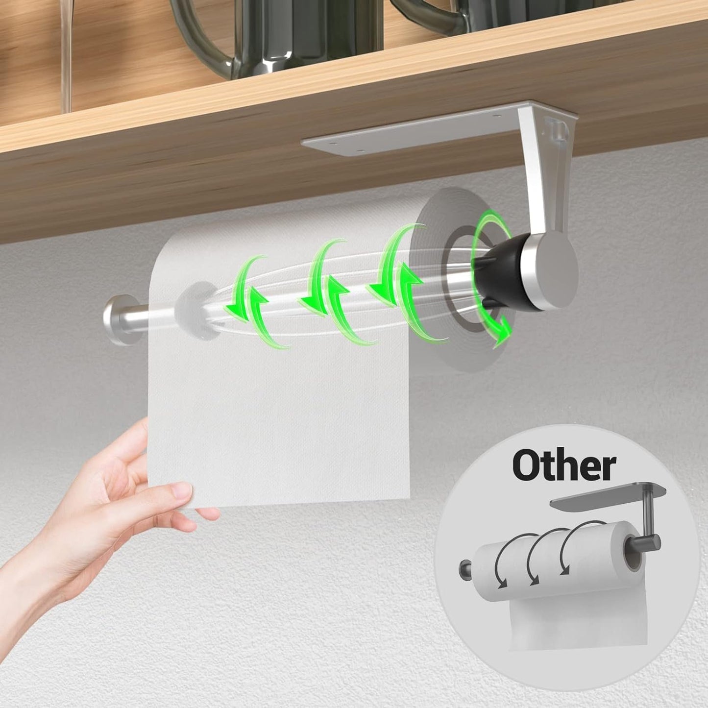 Paper Towel Holder Under Cabinet, Single Hand Operable Wall Mount with Damping Effect, Self-Adhesive or Drilled for Kitchen Bathroom, Black