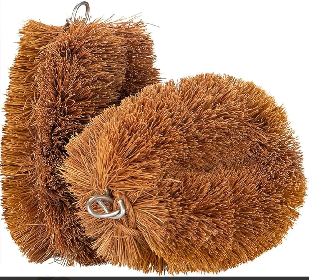 Pack of 2 Tawashi Brushes for Cleaning Fruits & Vegetables & Other Natural Coconut Fiber Scrubber, Household use with Wire Hanging Loop, Vegetable Scrub and Coconut Coir Brush, Brown
