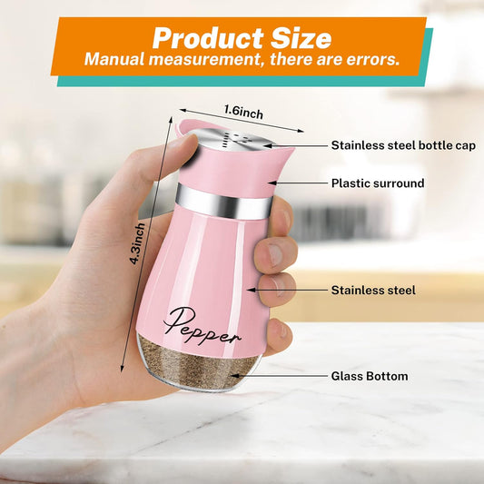 Salt and Pepper Shakers Set,4 oz Glass Bottom Salt Pepper Shaker with Stainless Steel Lid for Kitchen Cooking Table, RV, Camp,BBQ Refillable Design (Pink)