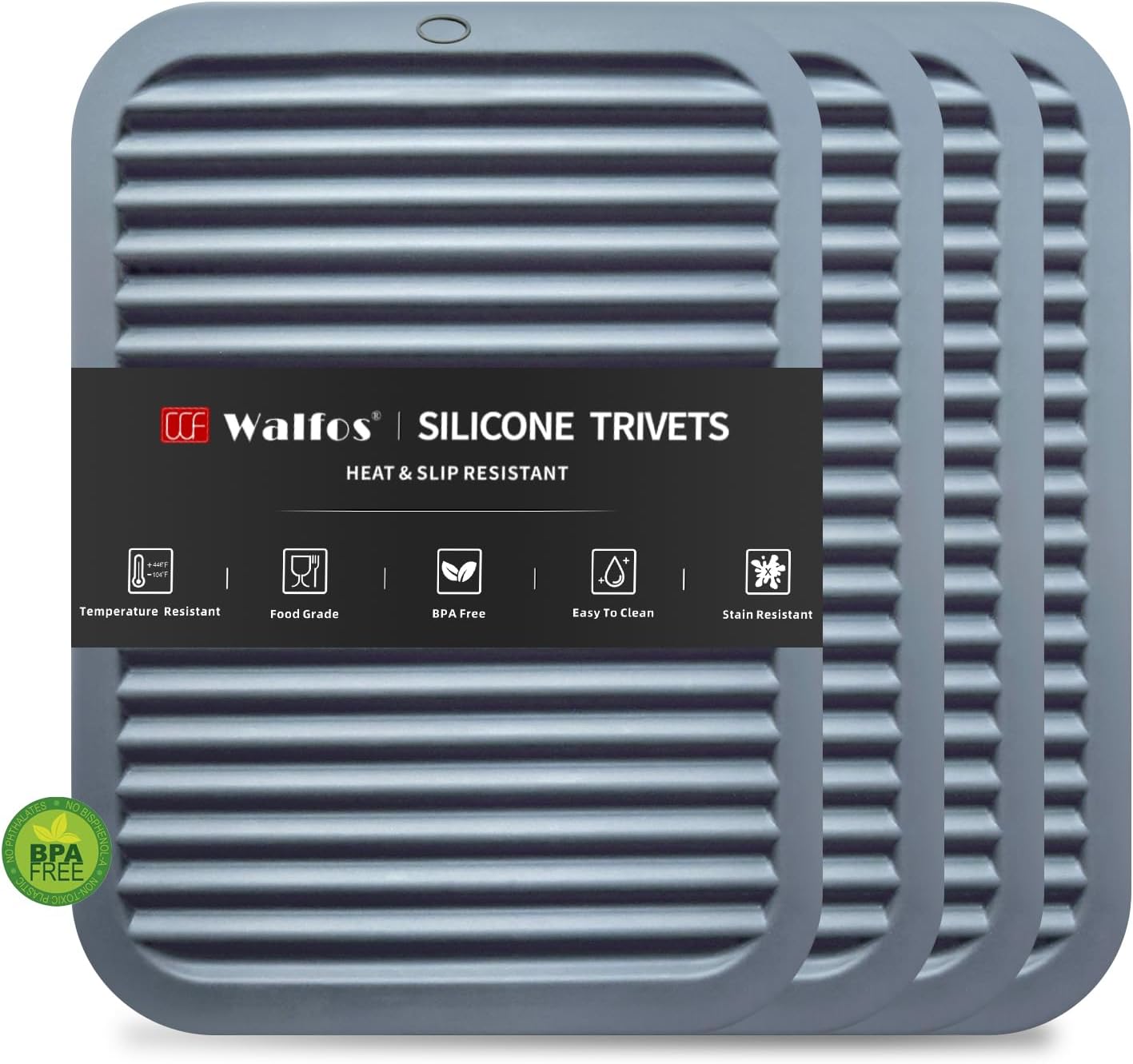Silicone Trivet Mats - 4 Heat Resistant Pot Holders, Multipurpose Non-Slip Hot Pads for Kitchen Potholders, Hot Dishers, Jar Opener, Spoon Holder, Food Grade Silicone & BPA Free (Black)
