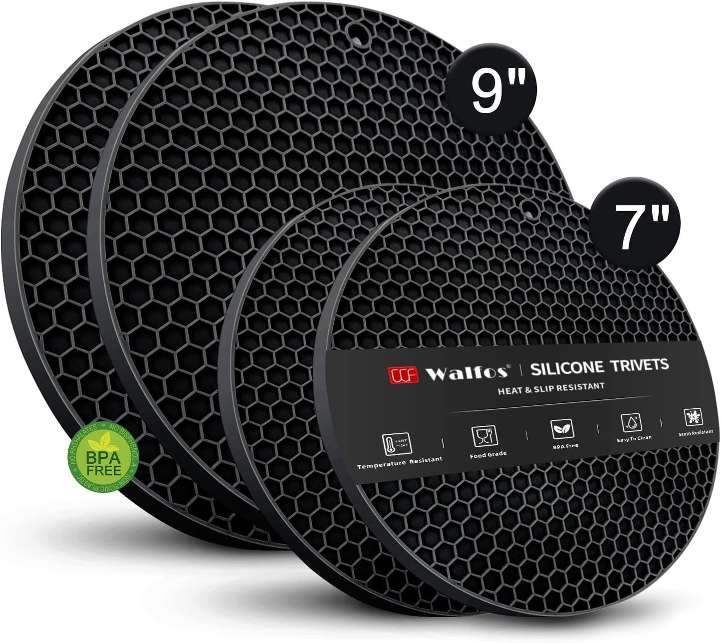 Silicone Trivet Mats - 4 Heat Resistant Pot Holders, Multipurpose Non-Slip Hot Pads for Kitchen Potholders, Hot Dishers, Jar Opener, Spoon Holder, Food Grade Silicone & BPA Free (Black)