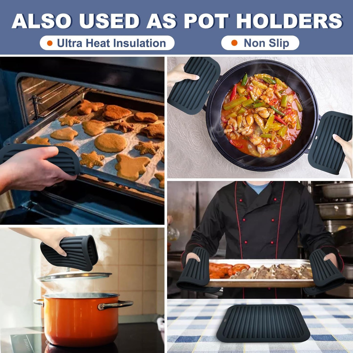 Silicone Trivet Mats - 4 Heat Resistant Pot Holders, Multipurpose Non-Slip Hot Pads for Kitchen Potholders, Hot Dishers, Jar Opener, Spoon Holder, Food Grade Silicone & BPA Free (Black)