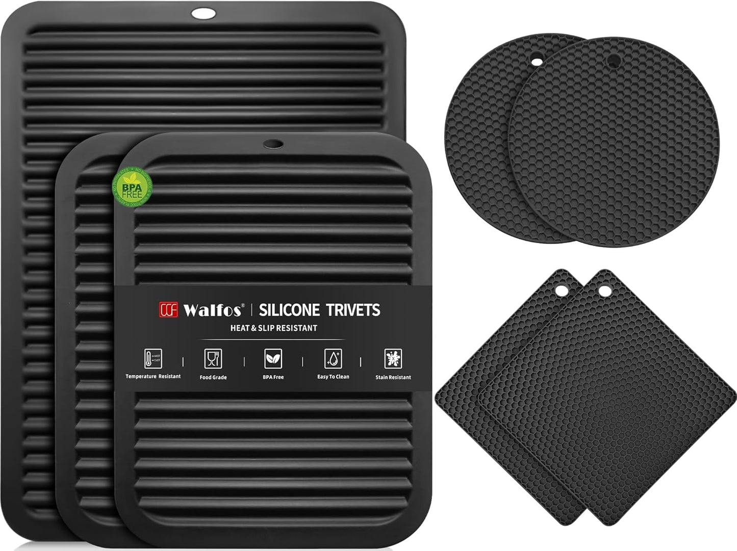 Silicone Trivet Mats - 4 Heat Resistant Pot Holders, Multipurpose Non-Slip Hot Pads for Kitchen Potholders, Hot Dishers, Jar Opener, Spoon Holder, Food Grade Silicone & BPA Free (Black)