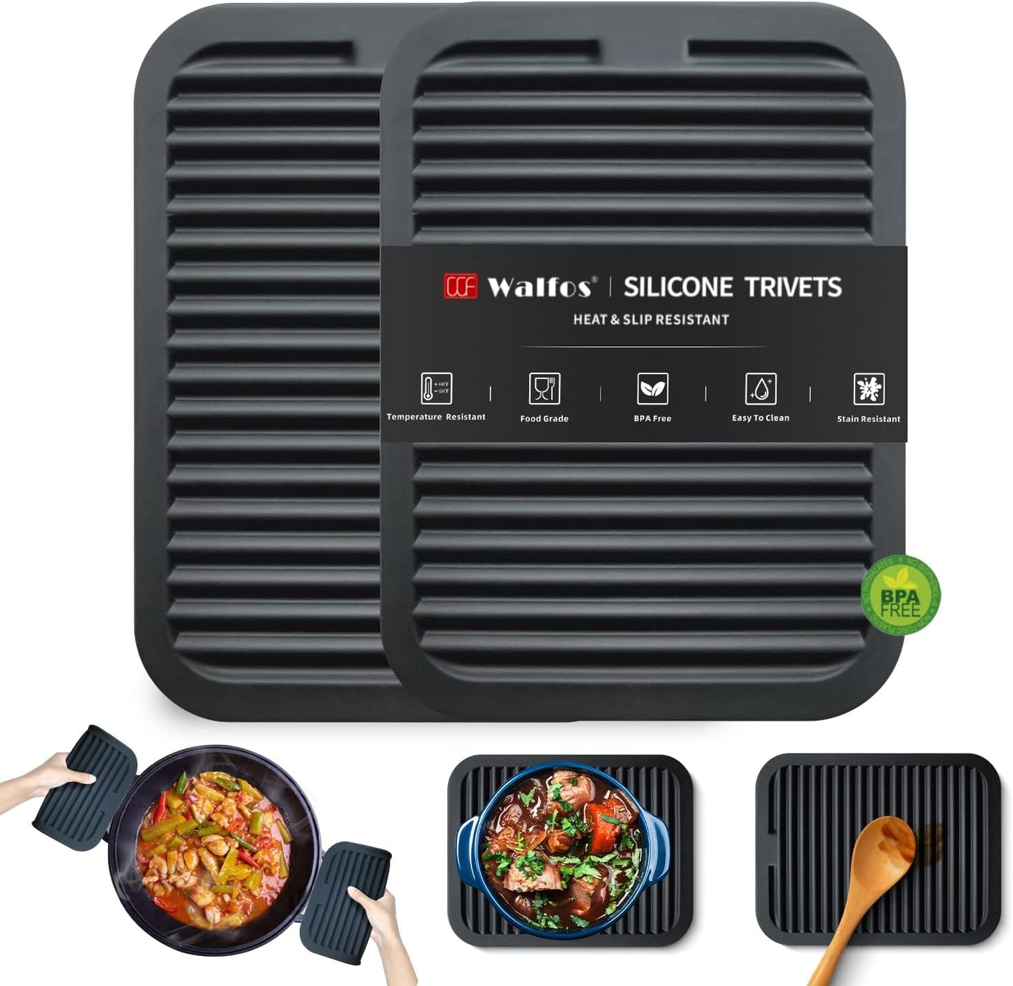 Silicone Trivet Mats - 4 Heat Resistant Pot Holders, Multipurpose Non-Slip Hot Pads for Kitchen Potholders, Hot Dishers, Jar Opener, Spoon Holder, Food Grade Silicone & BPA Free (Black)