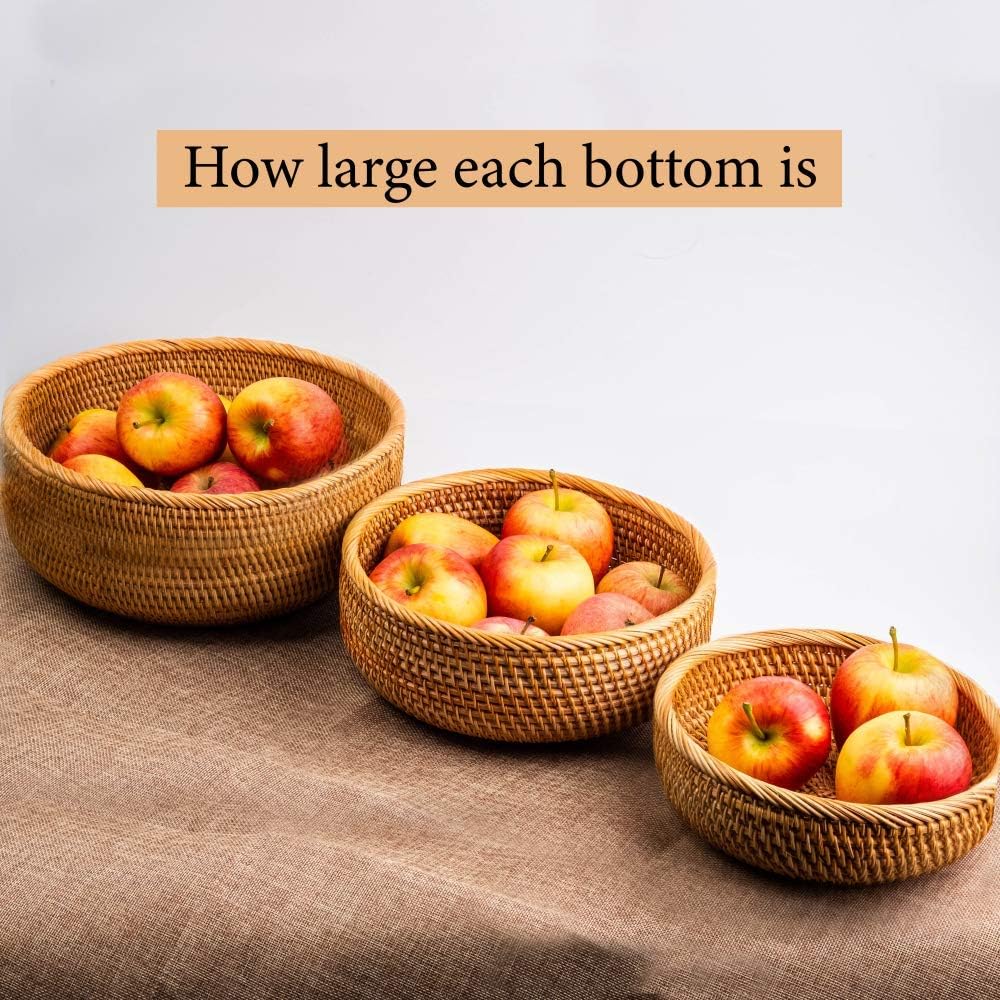 Fruit Basket For Holder Bowl Decorative Bread Vegetable, Serving Bowl Set of 3 For Organizing Kitchen Natural Rattan Picnic Basket Round Stackable (Natural)