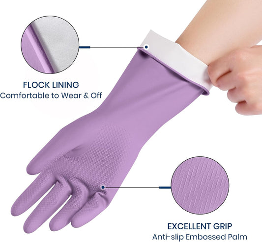 Rubber Cleaning Gloves for Dishwashing, 4 Pairs Reusable Kitchen Gloves for Washing Dishes and Household Cleaning, Colorful Dish Gloves with Flocked Lining and Non-Slip Grip, Pefect for Woman Men - M