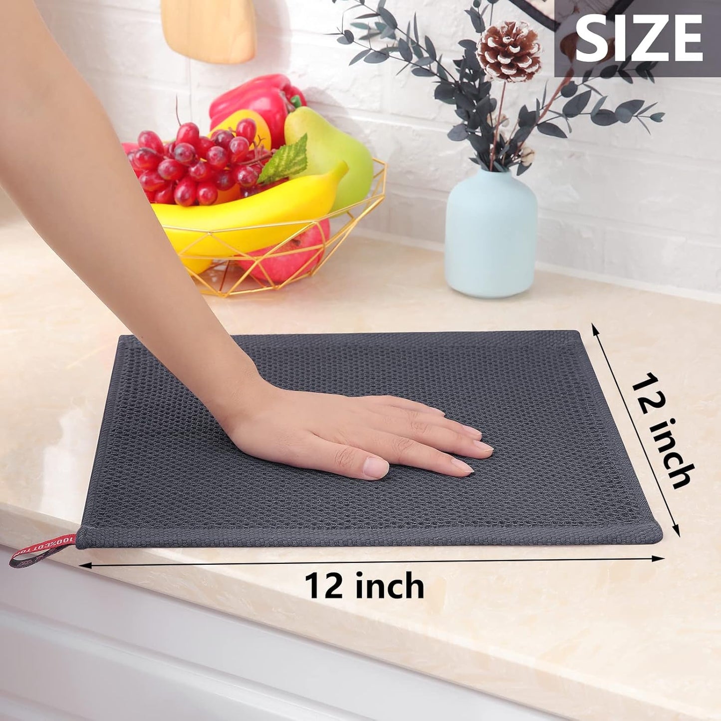100% Cotton Waffle Weave Kitchen Dish Cloths, Ultra Soft Absorbent Quick Drying Dish Towels, 12 x 12 Inches, 6-Pack, Dark Grey