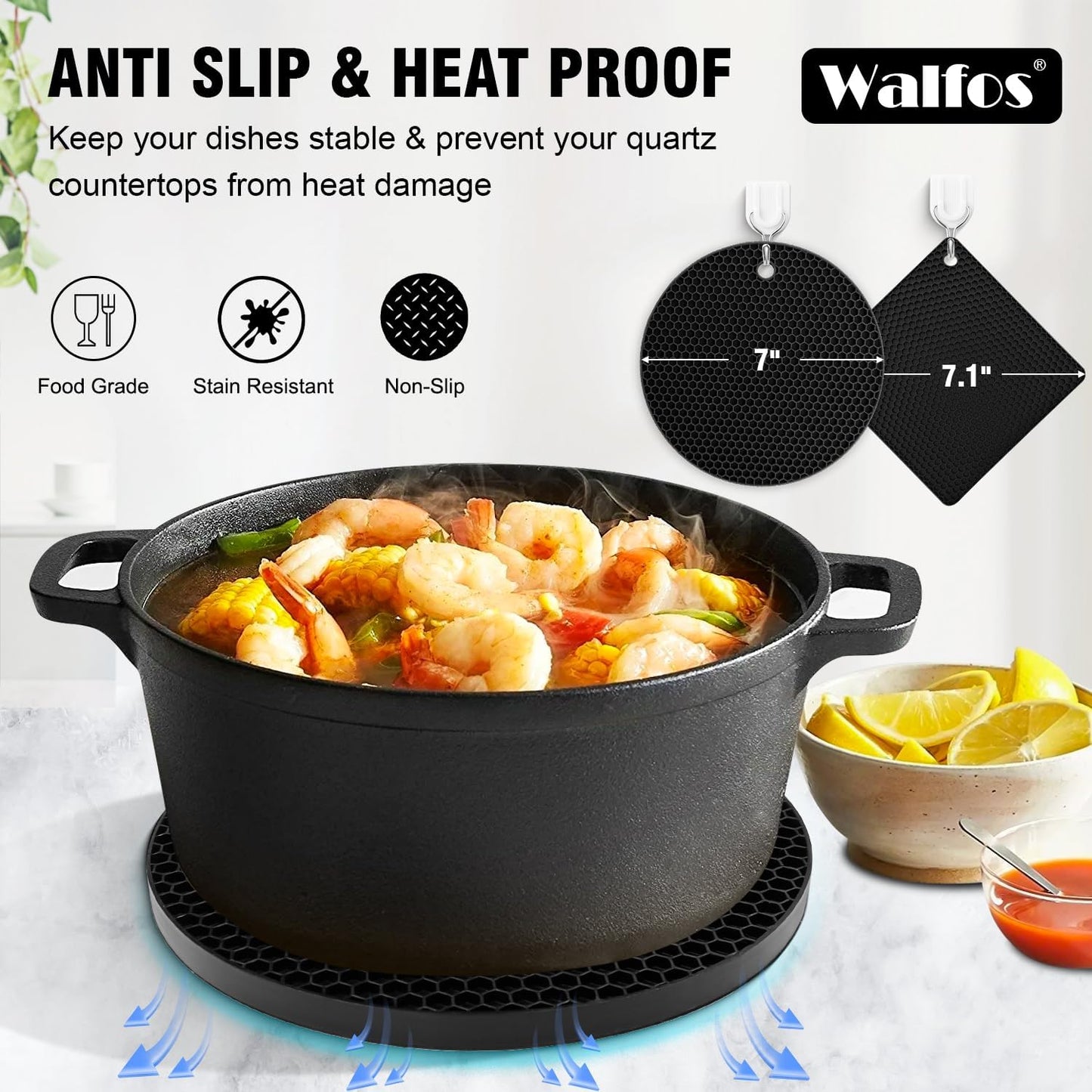 Silicone Trivet Mats - 4 Heat Resistant Pot Holders, Multipurpose Non-Slip Hot Pads for Kitchen Potholders, Hot Dishers, Jar Opener, Spoon Holder, Food Grade Silicone & BPA Free (Black)