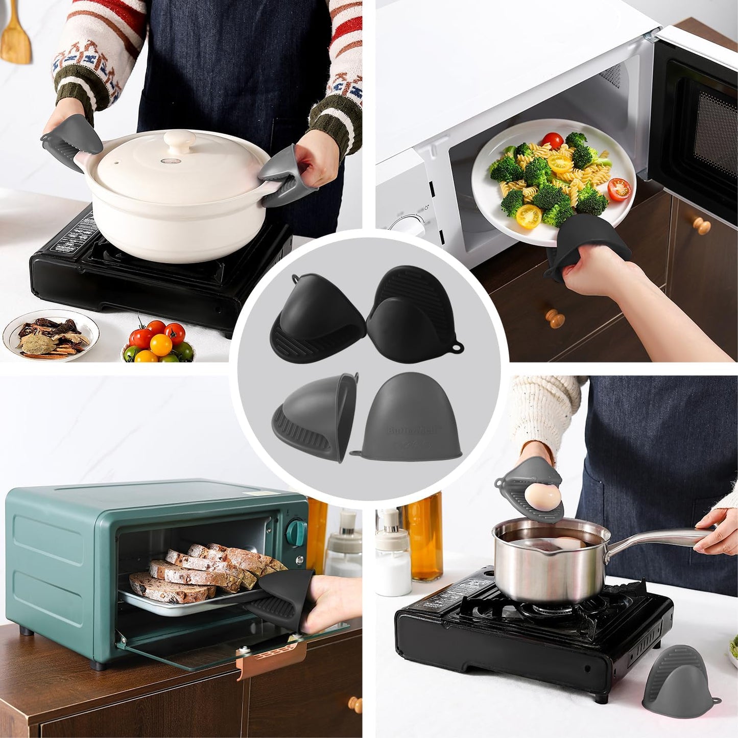 4PCS Oven Mitts, Silicone Pot Holders Heat Resistant, Mini Oven Gloves for Kitchen, Thickened Silicone Hot Pads for Cooking & Baking(Black&Grey)