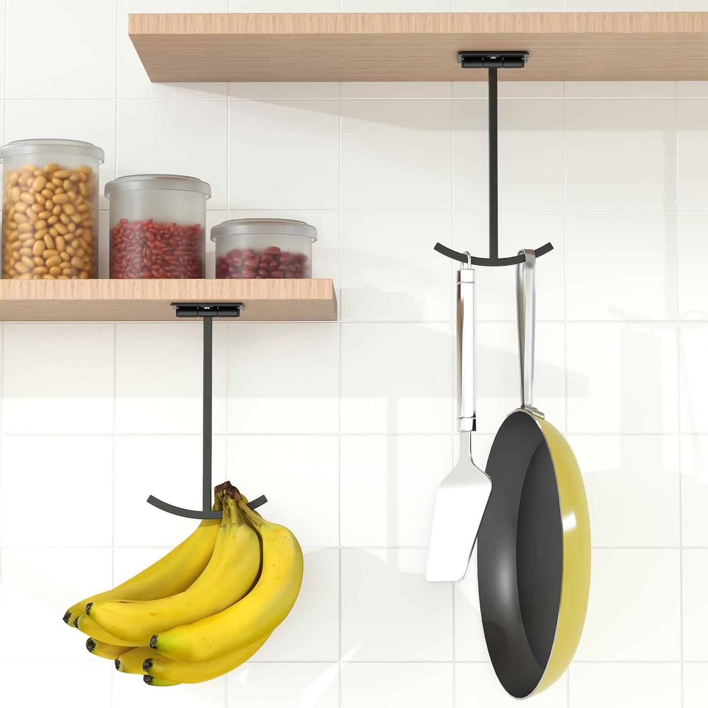 Banana Hook Under Cabinet - Adhesive Banana Hanger Under Counter, Metal Banana Holder Stand for Hanging Bananas or Kitchen Utensil, Keeps Bananas Fresh, Black, 1 Pack
