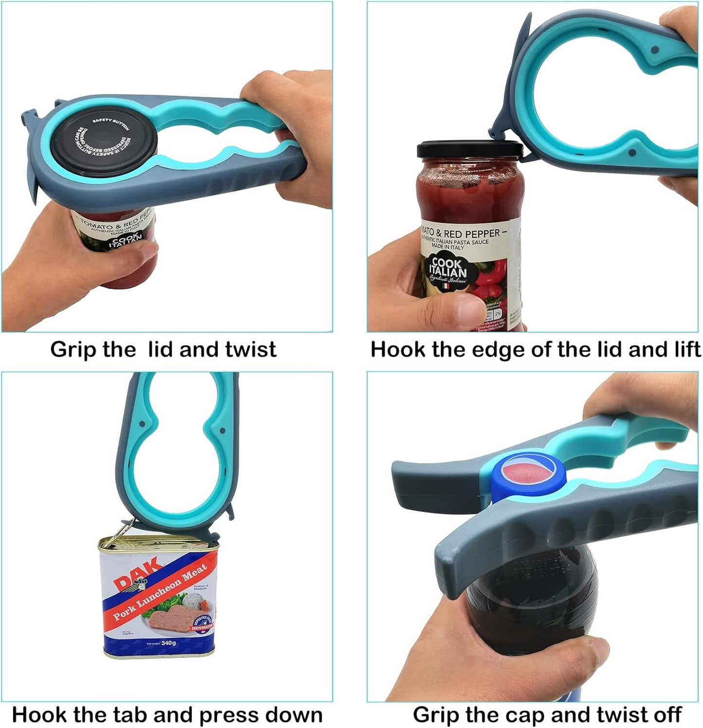 Opener Bottle Opener and Can Opener for Weak hands, Seniors with Arthritis and Anyone with Low Strength, Mutil Jar Opener Get Lids Off Easily (Blue and Grey)